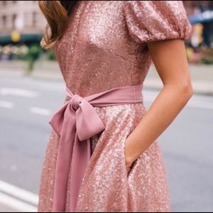 GMG Gal Meets Glam Beatrix Pink Sequined MIDI Dress Short Sleeve pockets belt 6
